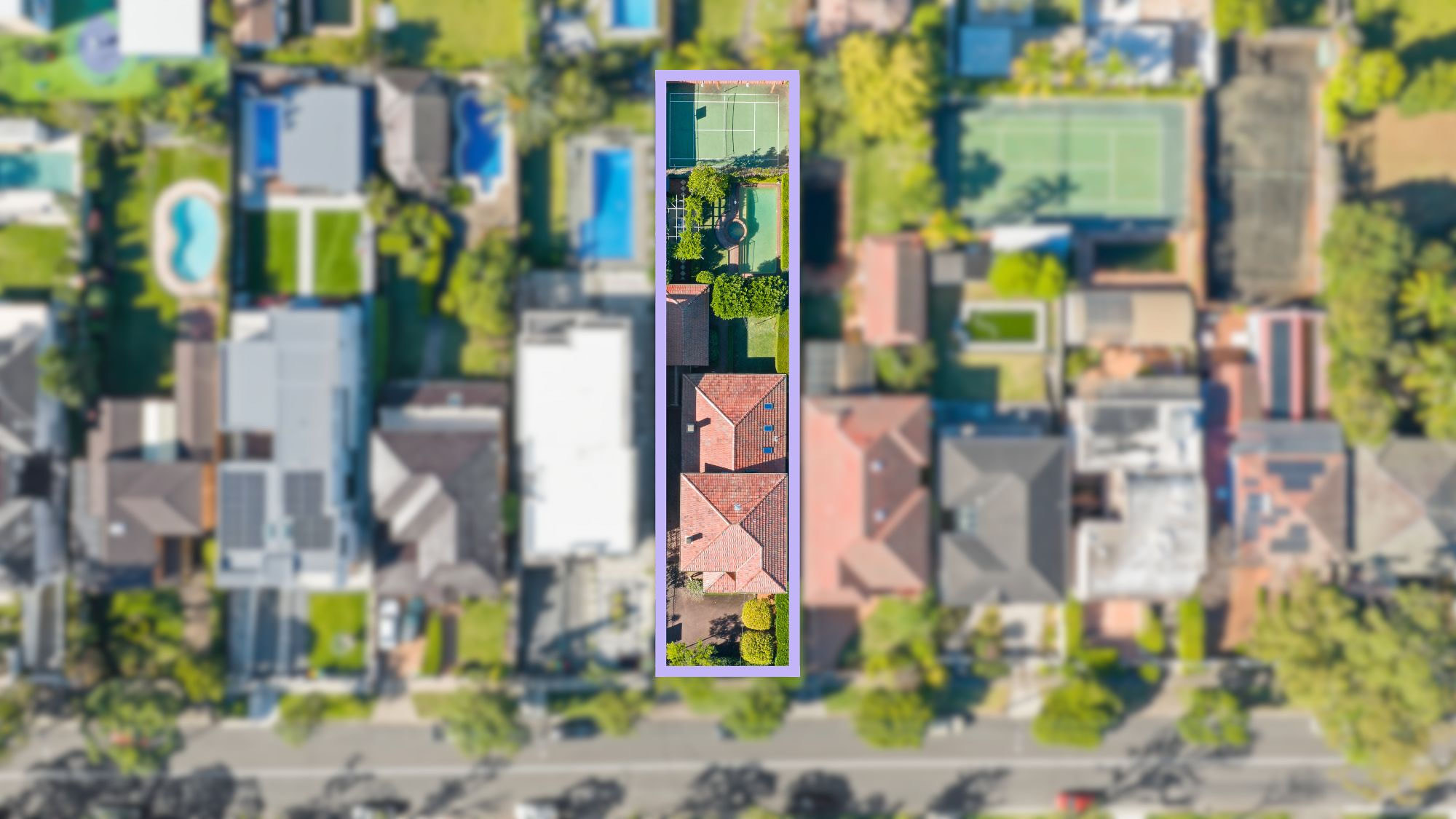 Aerial view of 32 Wallis Avenue showing the deep block from the street to the tennis court, with the pool and gardens between